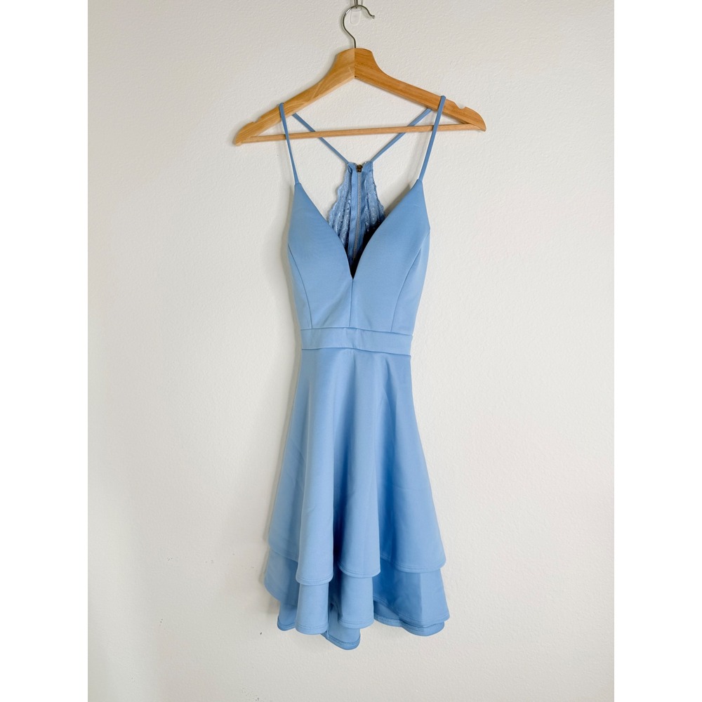 Honey & Rosie Blue Lace Racerback y2k Tiered Fit & Flare Cocktail Dress Party S